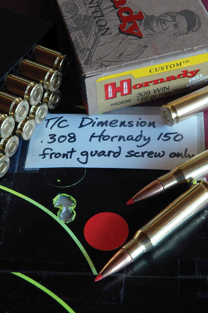 The fitting of the barrel to receiver affects accuracy. Using only the front guard screw, Wayne assembled a T/C takedown rifle, then fired this group. Kudos to the engineers.